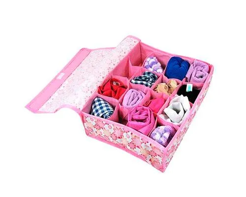 16 Pockets Collapsible Fabric Flower Underwear Storage Box - Pink