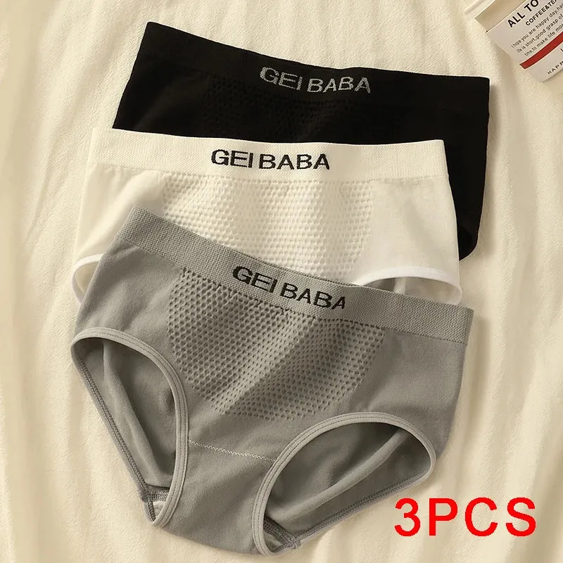 3PCS Panties Sports Briefs Large Size Lingerie Soft Underpanties Mid-rise Breathable Solid Color Women's Intimates Underwear