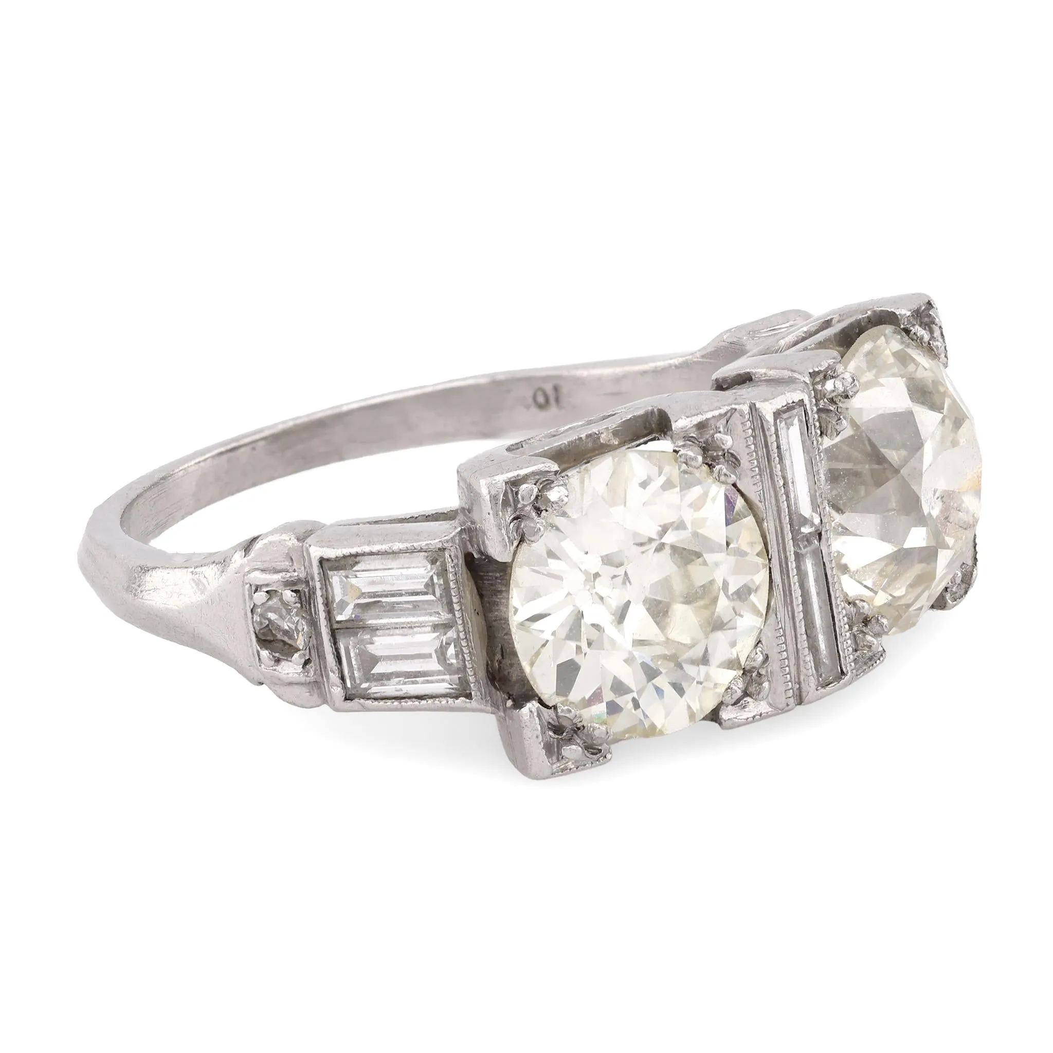 Art Deco 3.2 Carat Old European Cut Diamond Platinum Two Stone Ring