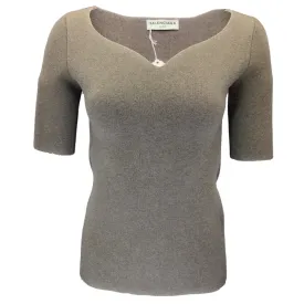 Balenciaga Taupe Short Sleeved Sweetheart Neckline Wool Knit Sweater