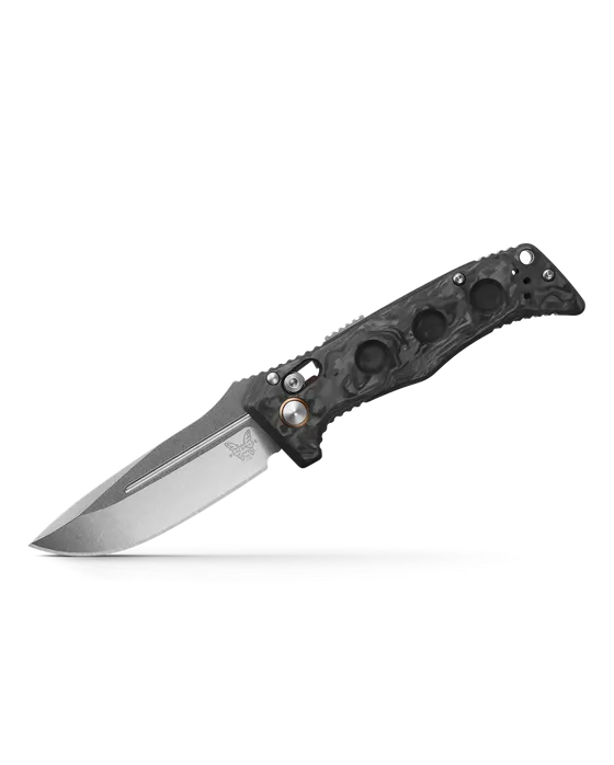 BENCHMADE AUTO MINI ADAMAS 2730-03 3.25" SATIN CPM-MAGNACUT MARBLED CARBON FIBER HANDLES