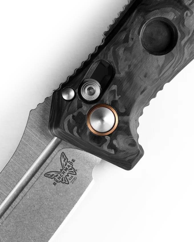 BENCHMADE AUTO MINI ADAMAS 2730-03 3.25" SATIN CPM-MAGNACUT MARBLED CARBON FIBER HANDLES