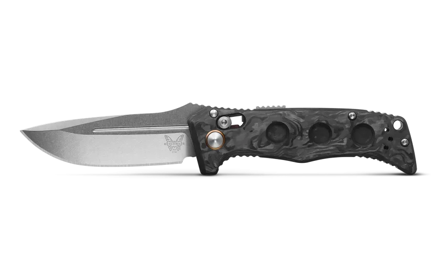 BENCHMADE AUTO MINI ADAMAS 2730-03 3.25" SATIN CPM-MAGNACUT MARBLED CARBON FIBER HANDLES