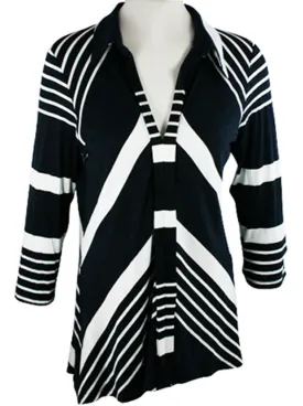 Boho Chic - Transverse, Long Sleeve Scoop Neck Diagonal Stripes Tunic Top