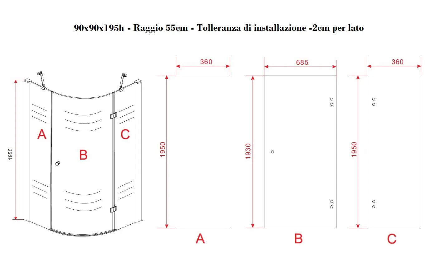 Box Doccia Semicircolare H195cm Anta Battente Cristallo 8mm