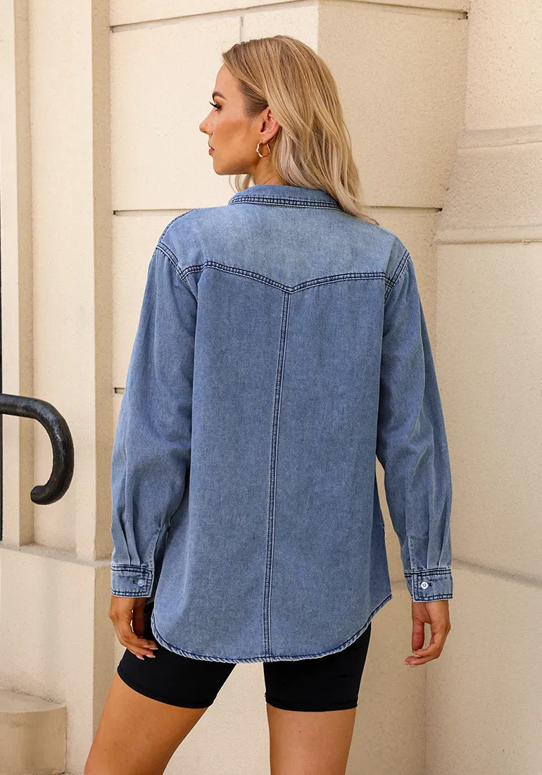 Cool Blue Women's Trendy Long Denim Jackets Oversized Shackets with Pockets