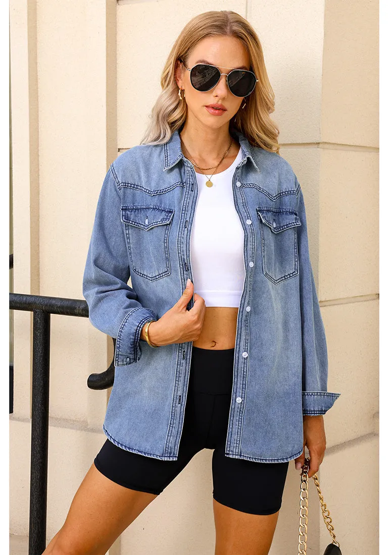 Cool Blue Women's Trendy Long Denim Jackets Oversized Shackets with Pockets