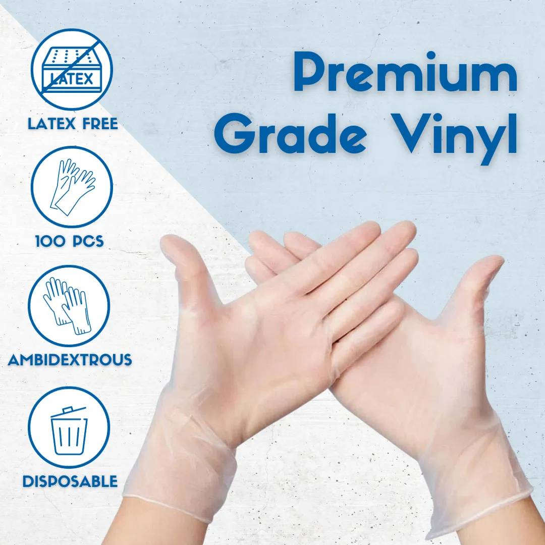 Disposable Clear Vinyl Gloves Powder Free (100 Pack)