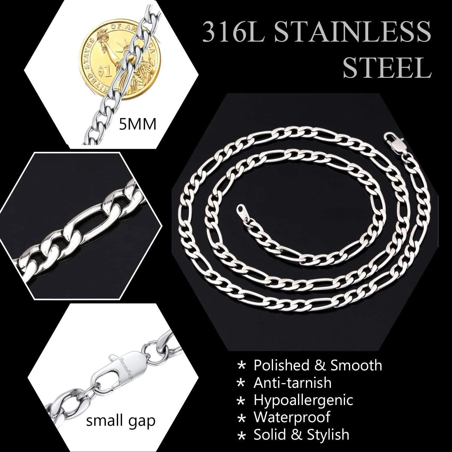 Figaro Stainless Steel 5mm Chain Necklace