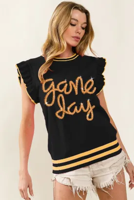 Game Day Letter Contrast Trim Ruffled Sleeveless Sweater