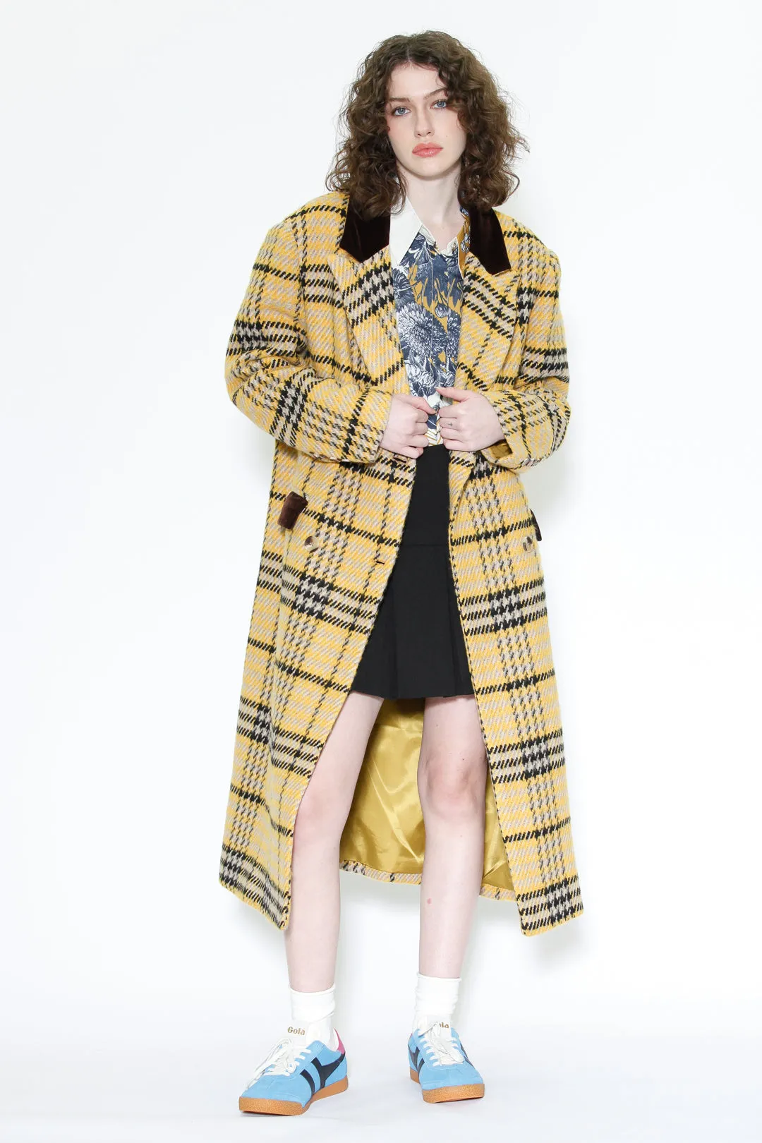 Heavy Wool Yellow Houndstooth Plaid Coat