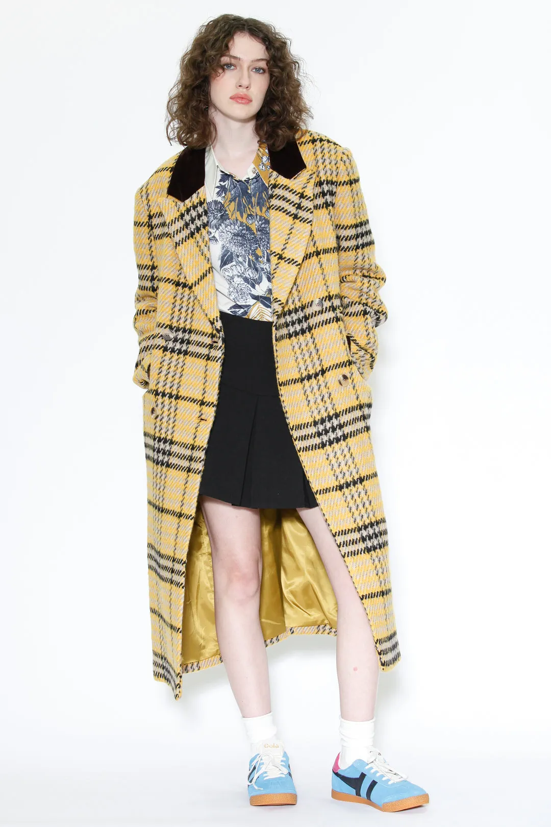 Heavy Wool Yellow Houndstooth Plaid Coat