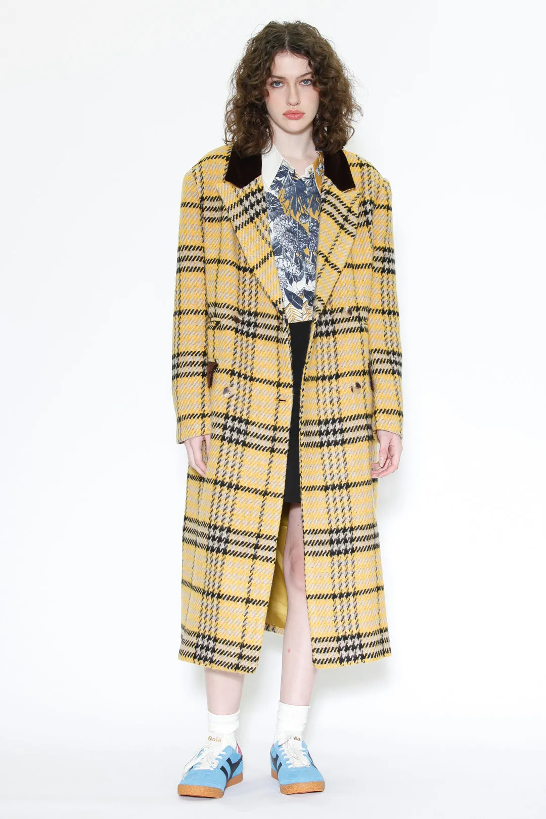 Heavy Wool Yellow Houndstooth Plaid Coat