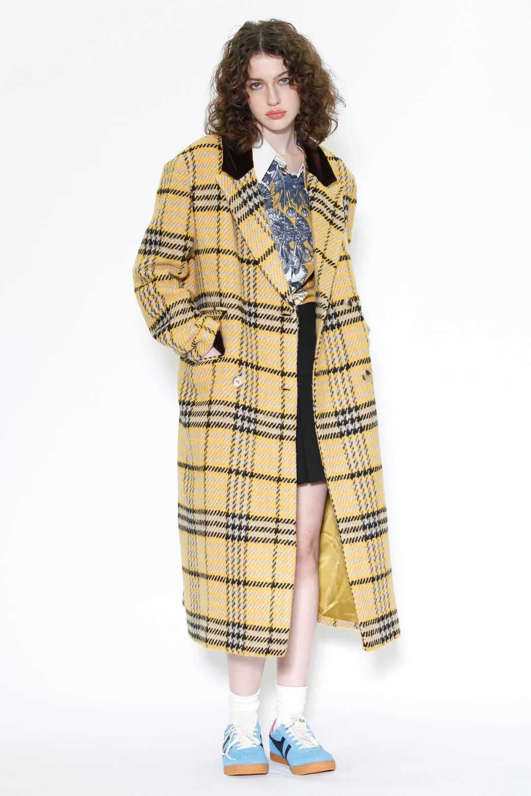 Heavy Wool Yellow Houndstooth Plaid Coat