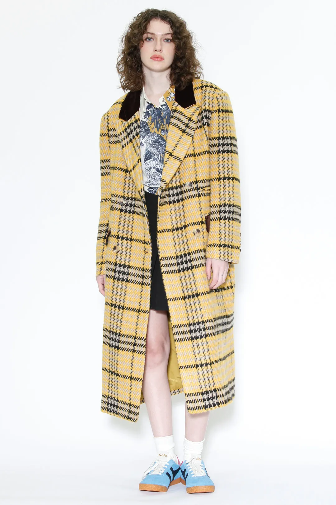 Heavy Wool Yellow Houndstooth Plaid Coat