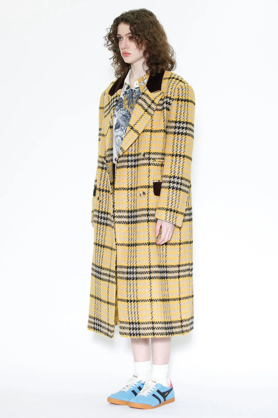 Heavy Wool Yellow Houndstooth Plaid Coat