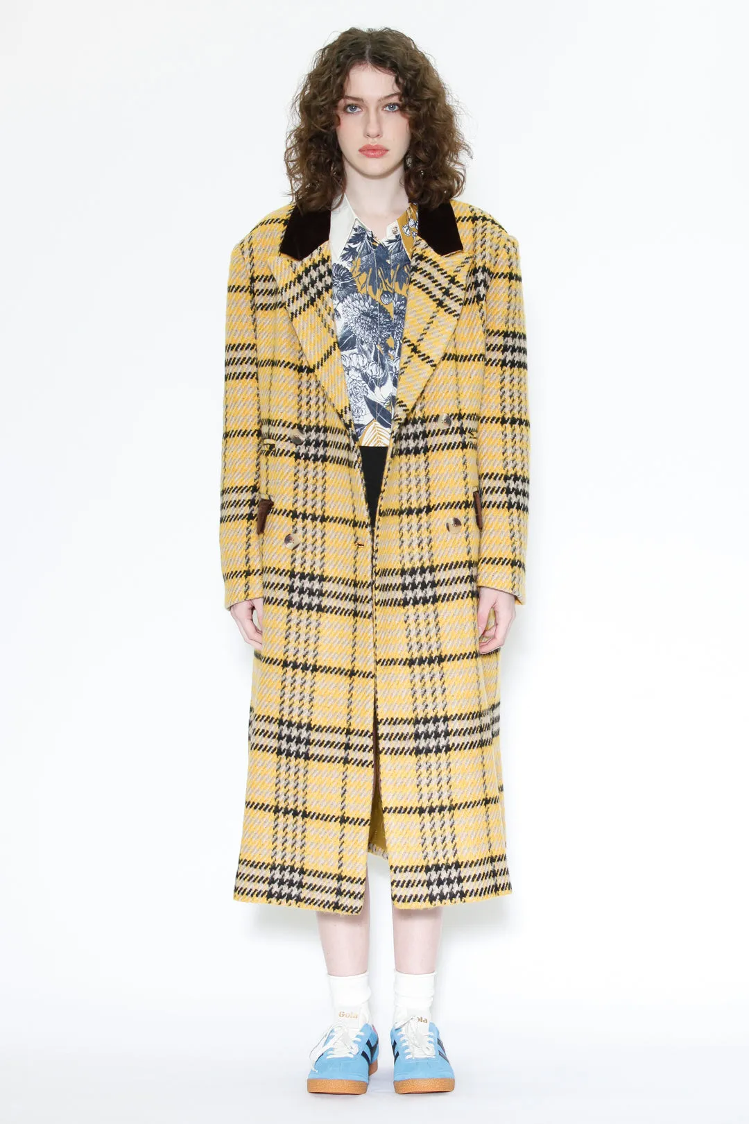 Heavy Wool Yellow Houndstooth Plaid Coat