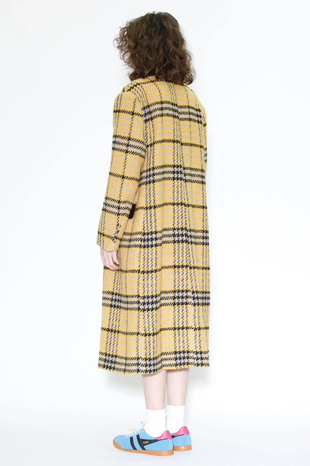 Heavy Wool Yellow Houndstooth Plaid Coat