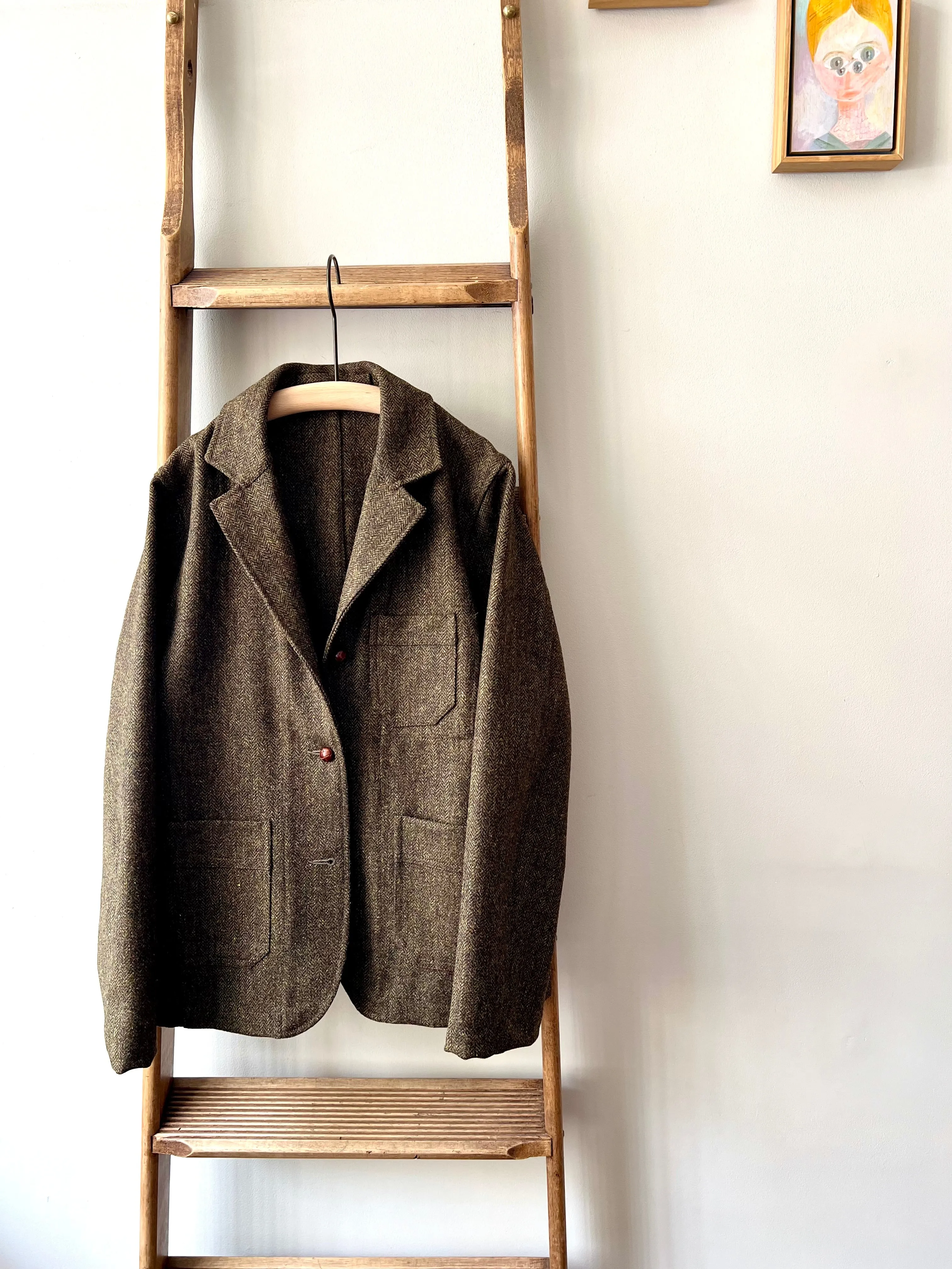 Herringbone Cheviot Tweed Jacket / Khaki Herringbone