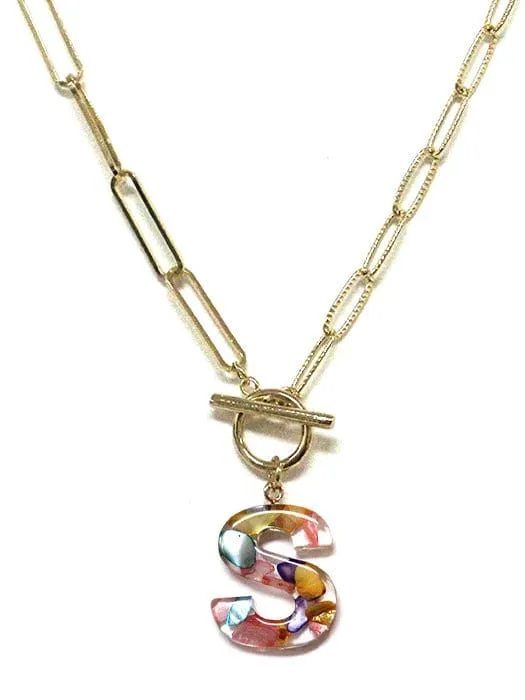 KN8167 Assorted 16 Piece Rainbow Acrylic Initial Toggle Chain Necklace Pack