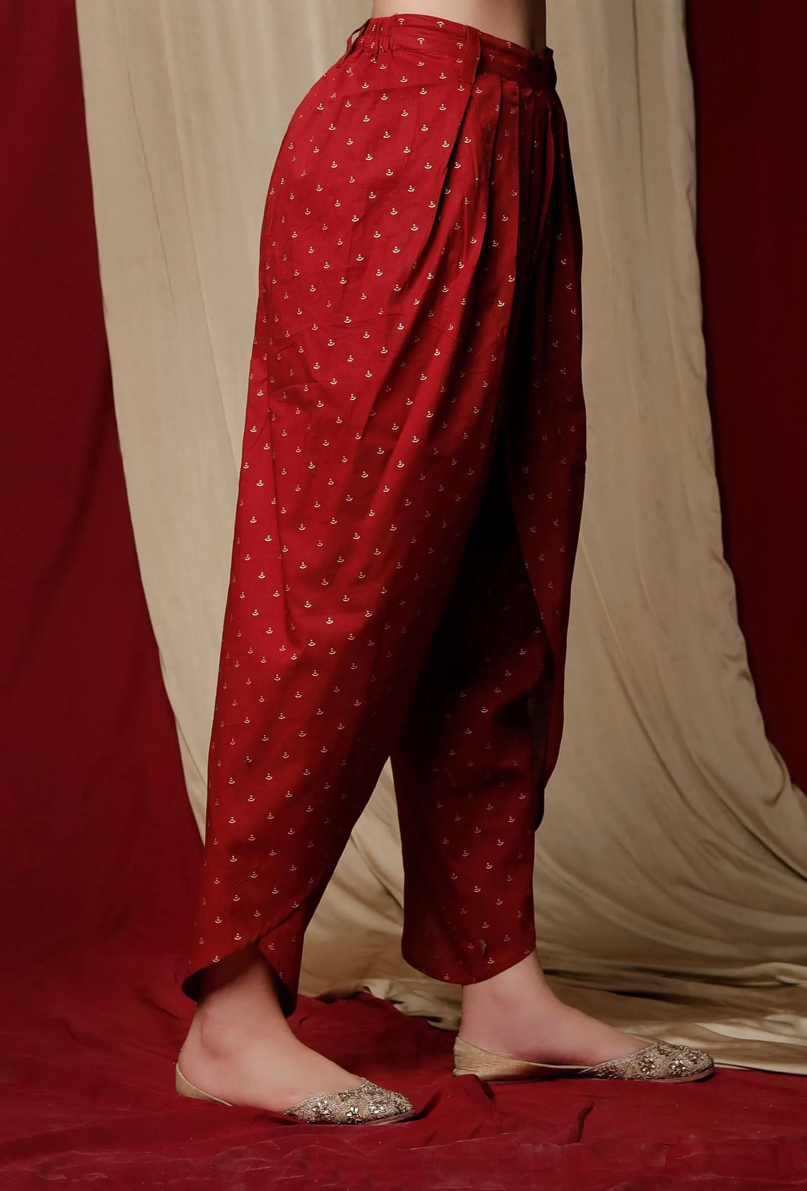 Maroon Gold Printed Cotton Dhoti