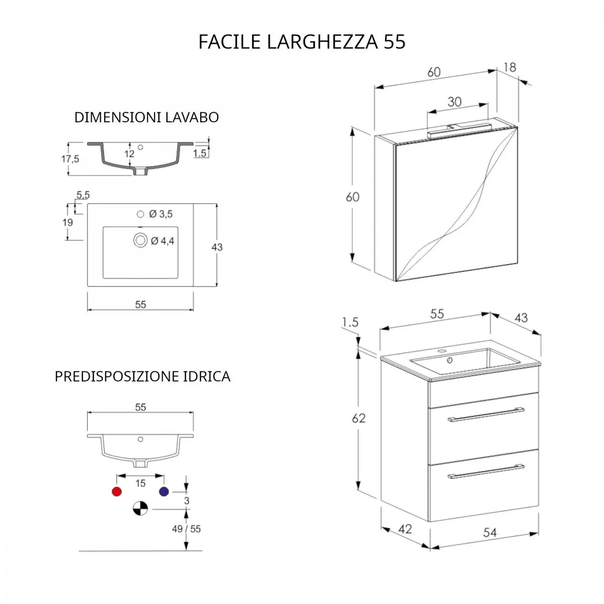 Mobile Bagno Sospeso 55cm Con Specchiera Finitura Olmo FACILE