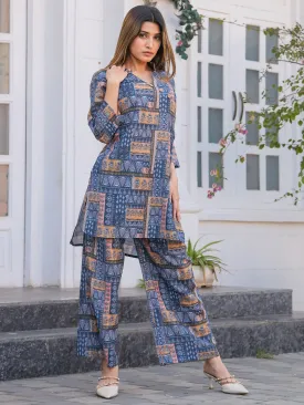 Odette Blue Cotton Printed Stitched Co Ord Set for Women