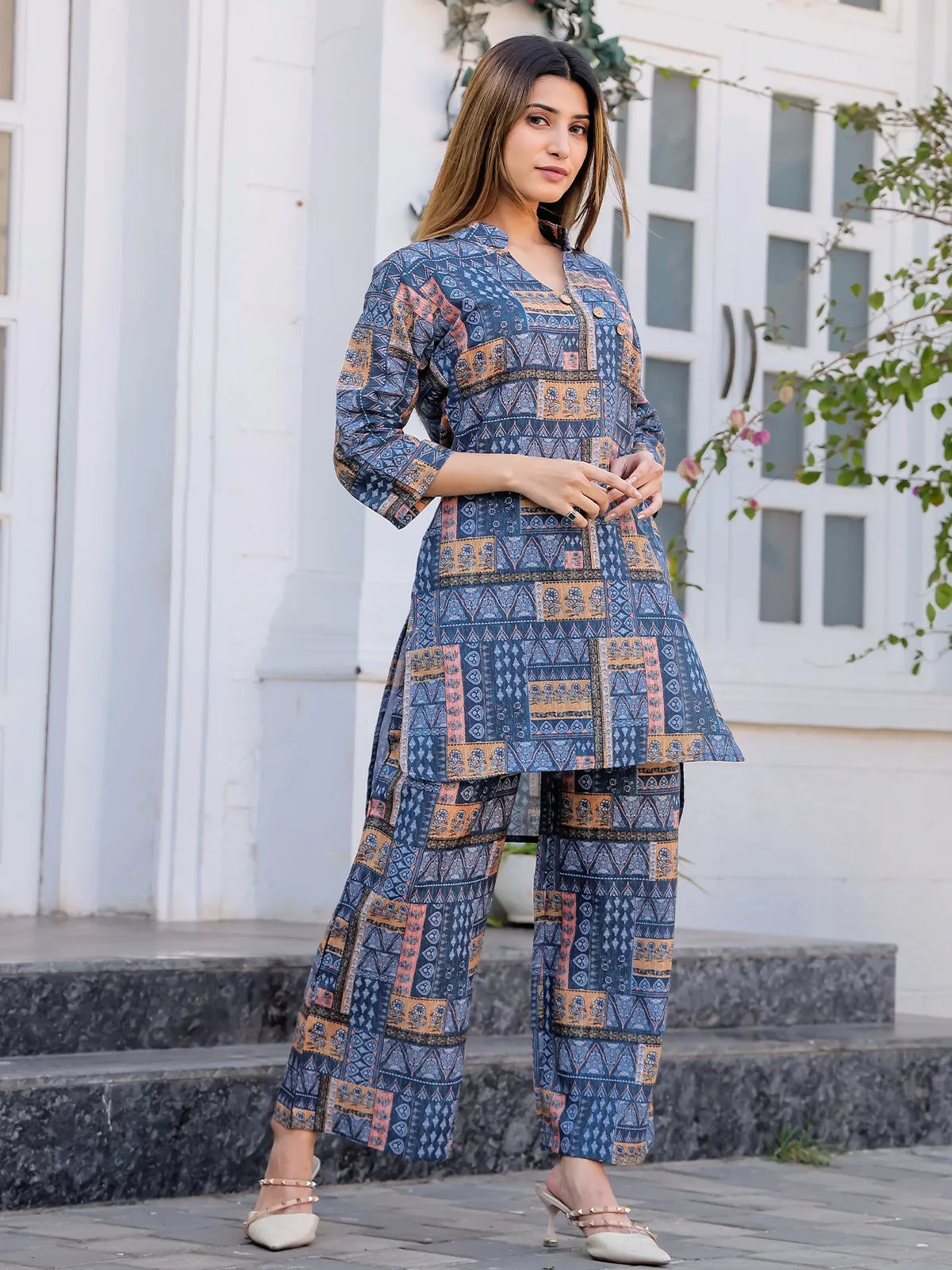 Odette Blue Cotton Printed Stitched Co Ord Set for Women