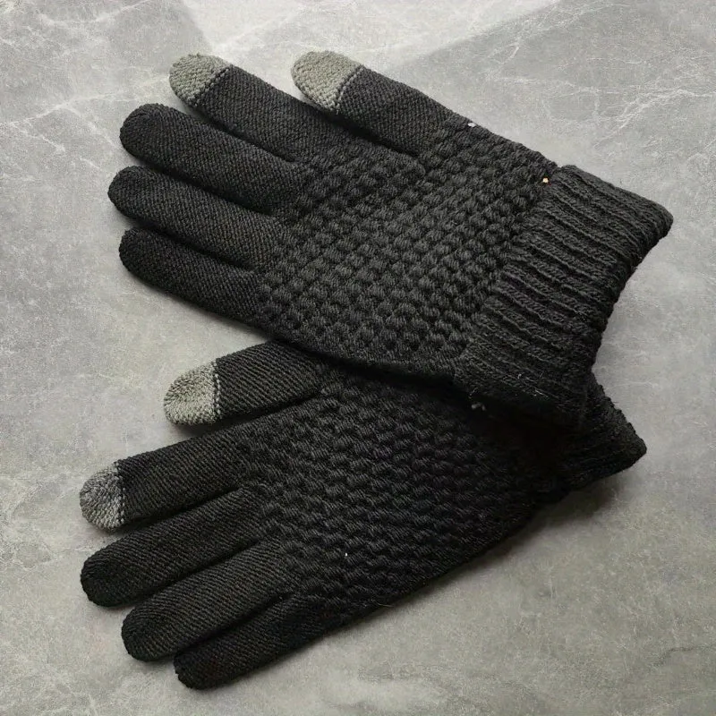 Pineapple Pattern Jacquard Knit Gloves Thickened Warm Touchscreen Gloves Winter Solid Color Coldproof Split Finger Gloves