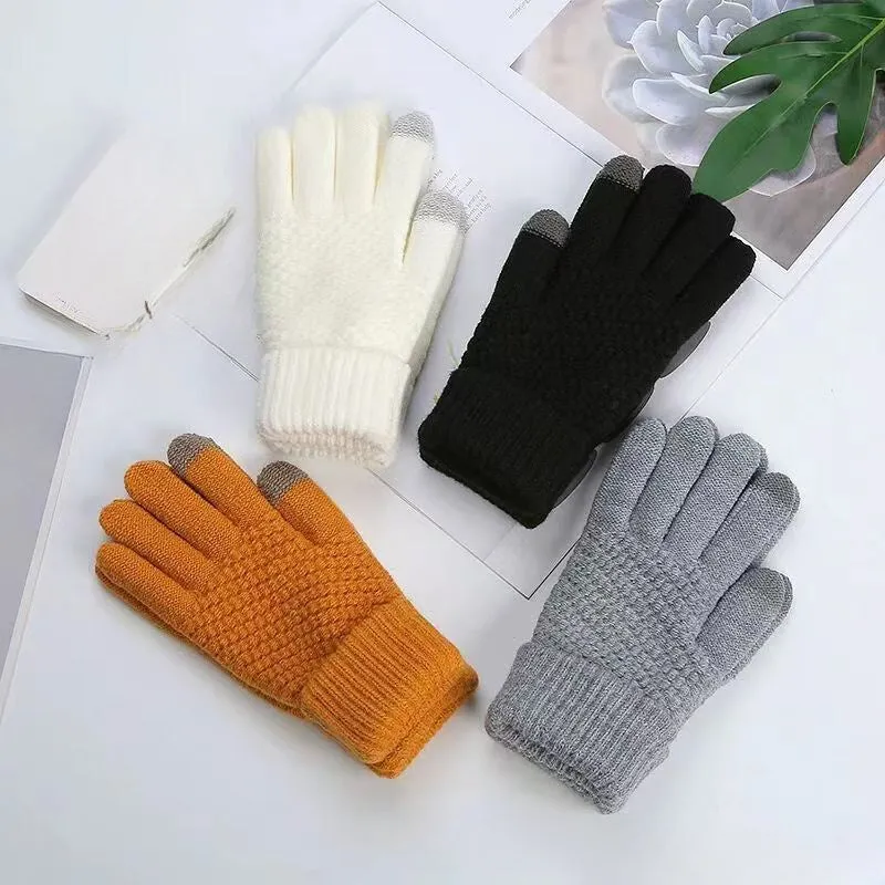 Pineapple Pattern Jacquard Knit Gloves Thickened Warm Touchscreen Gloves Winter Solid Color Coldproof Split Finger Gloves