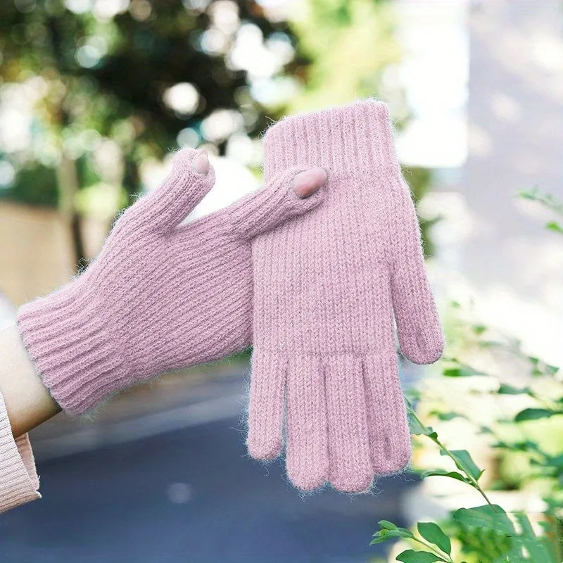 Simple Solid Color Knit Gloves Short Thick Warm Touchscreen Gloves Winter Coldproof Riding Gloves