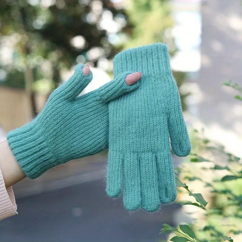 Simple Solid Color Knit Gloves Short Thick Warm Touchscreen Gloves Winter Coldproof Riding Gloves