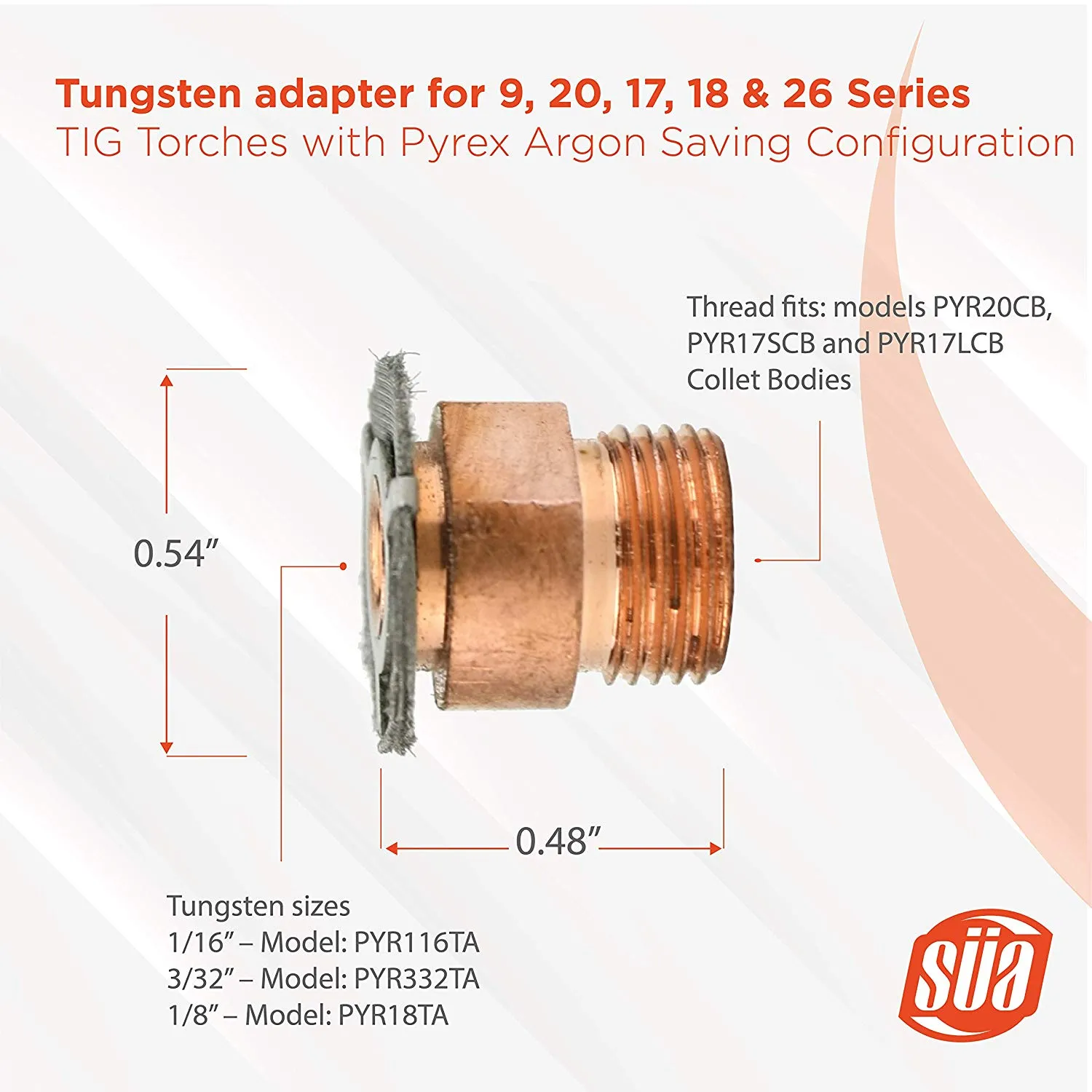 Tungsten adapter for 9, 20, 17, 18 & 26 Series TIG Torches with Fused Quartz Argon-Saving Configuration