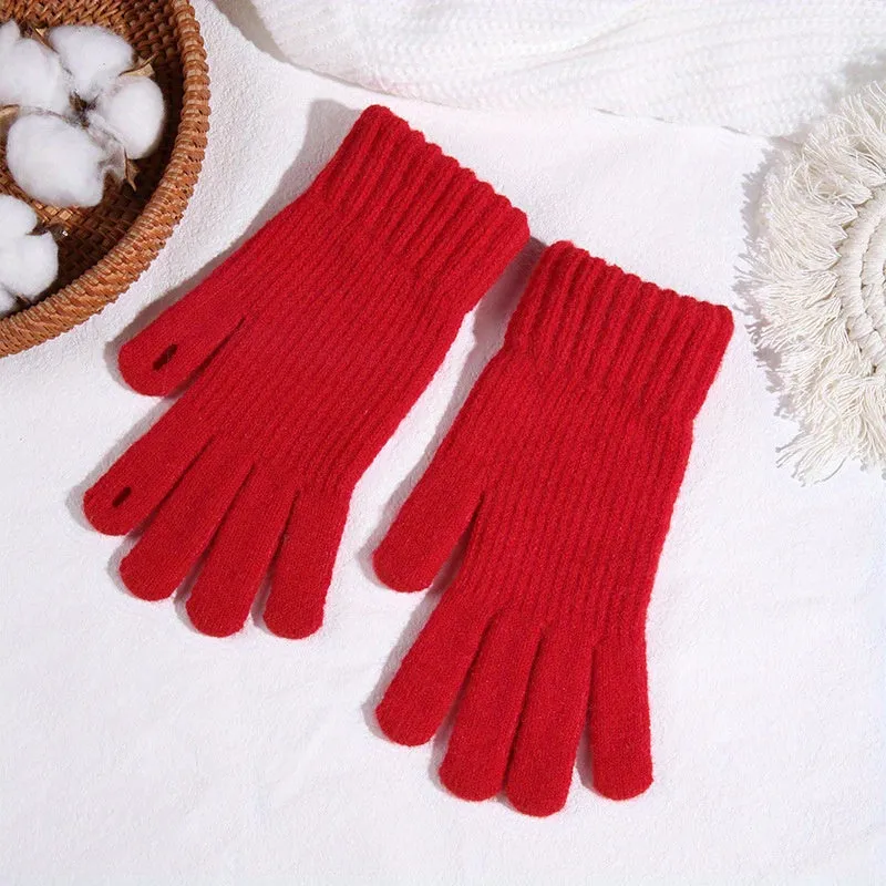 Women's Solid Color Full Finger Knit Gloves, Touch Screen Thick Plush Lined Warm Gloves, Winter Soft Cycling Gloves