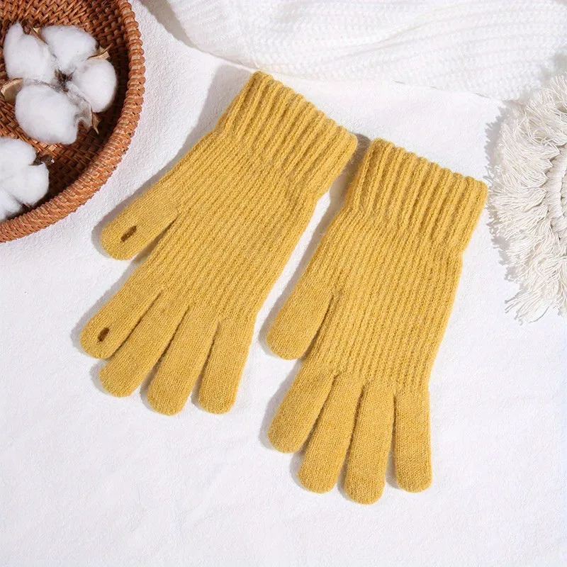 Women's Solid Color Full Finger Knit Gloves, Touch Screen Thick Plush Lined Warm Gloves, Winter Soft Cycling Gloves