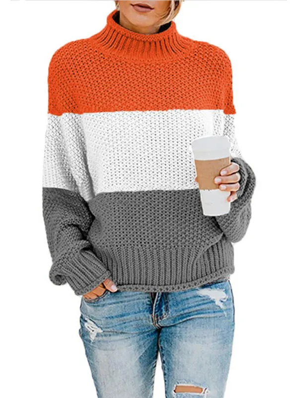 Women's turtleneck long sleeve thick line color matching turtleneck pullover