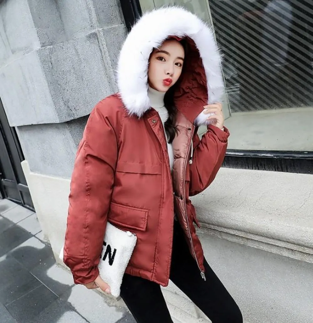 Womens Winter Short Puffy Coat with Hood in Pink